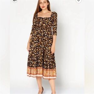 O.P.T. JL LUXE Willow Orange Black Floral Print Midi Dress Sz M